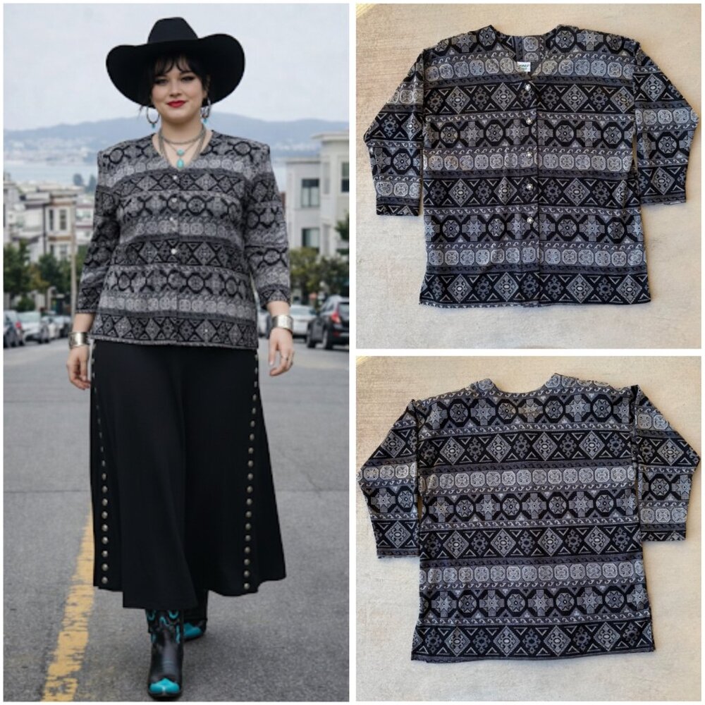 Monochrome Metallic Western Geometric Tunic 3XL